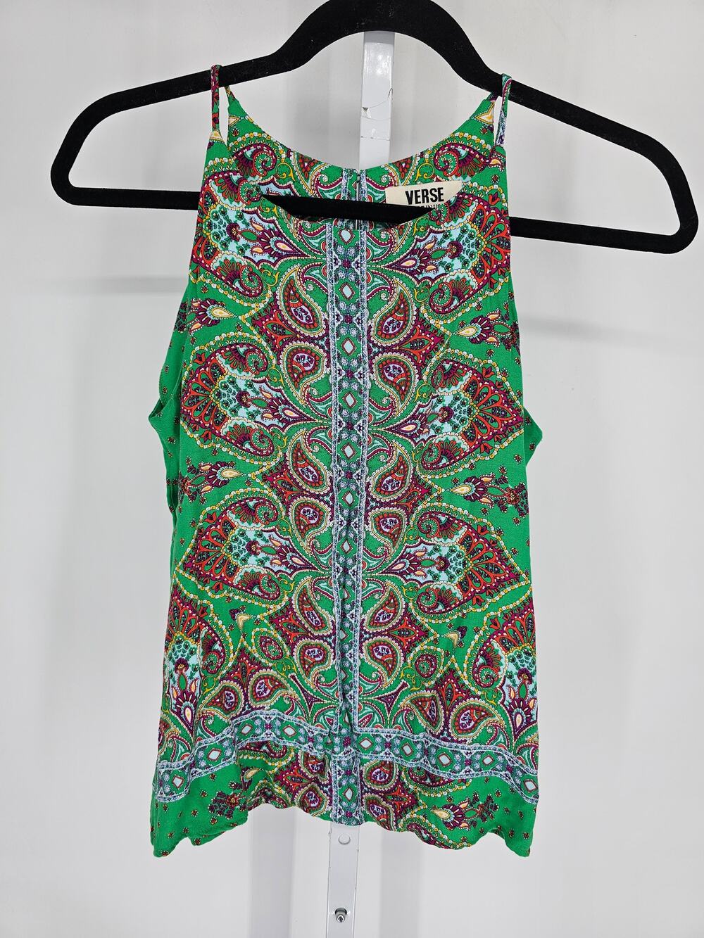 Verse USA Womens Sz S Sleeveless Blouse Green Paisley bandana Print Boho